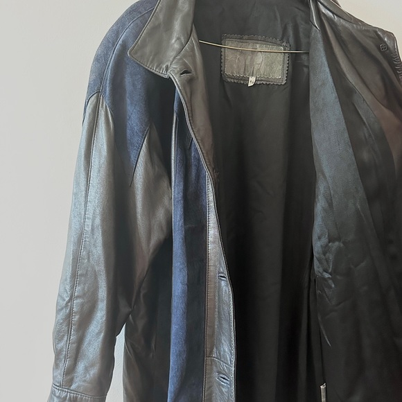 VINTAGE LEATHER SUEDE STRIPED TRENCH COAT LONG JACKET WESTERN BIKER UNISEX M L - Picture 9 of 11